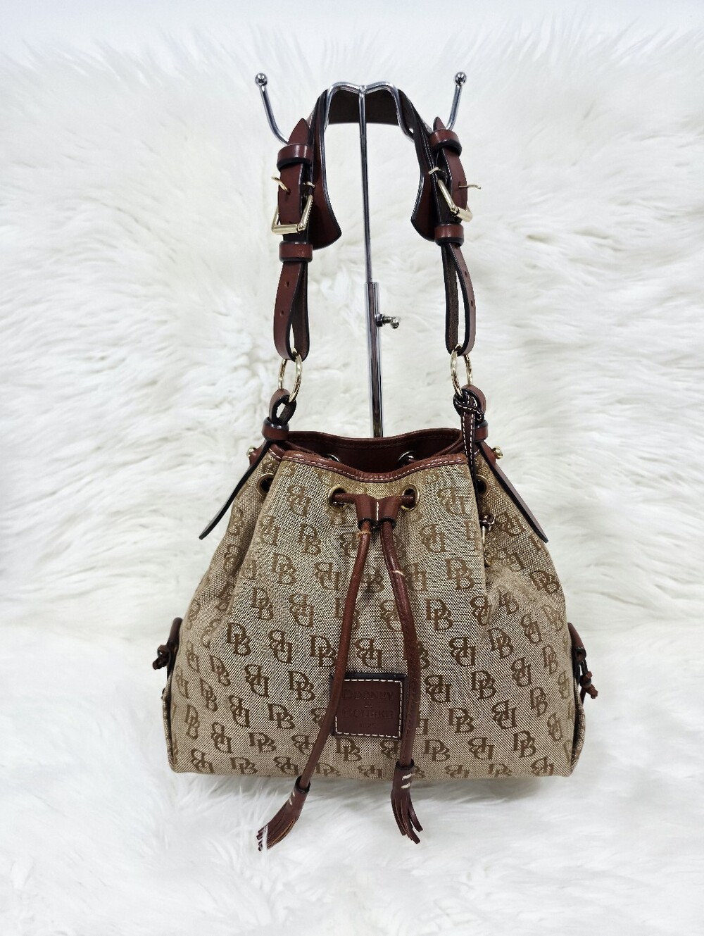 Dooney & Bourke DB Monogram Drawstring Bucket Bag Tan Brown Leather - Picture 17 of 17